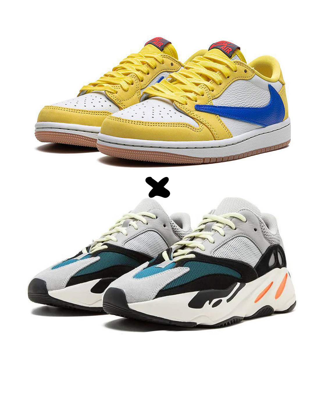 Air Jordan 1 Retro Low OG SP Travis Scott "Canary"  X.  Adidas Yeezy Boost 700 "Wave Runner"